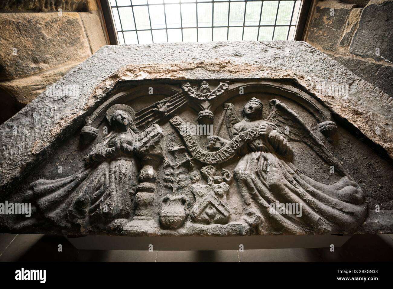 Annunication Stone, a sculpture from 1530 AD that tells the story of the archangel appearing to Virgin Mary, that once sat in the Royal Palace. Stock Photo