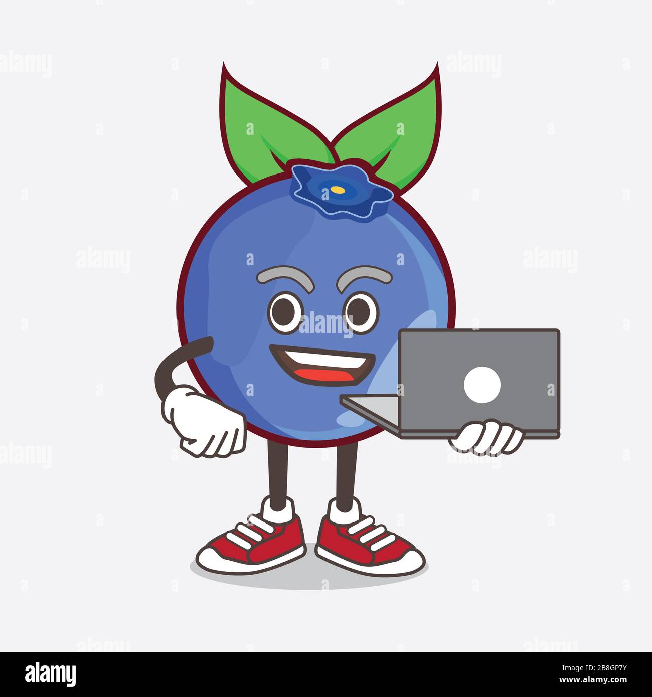 An illustration of Blueberry Fruit cartoon mascot character working with laptop Stock Photo