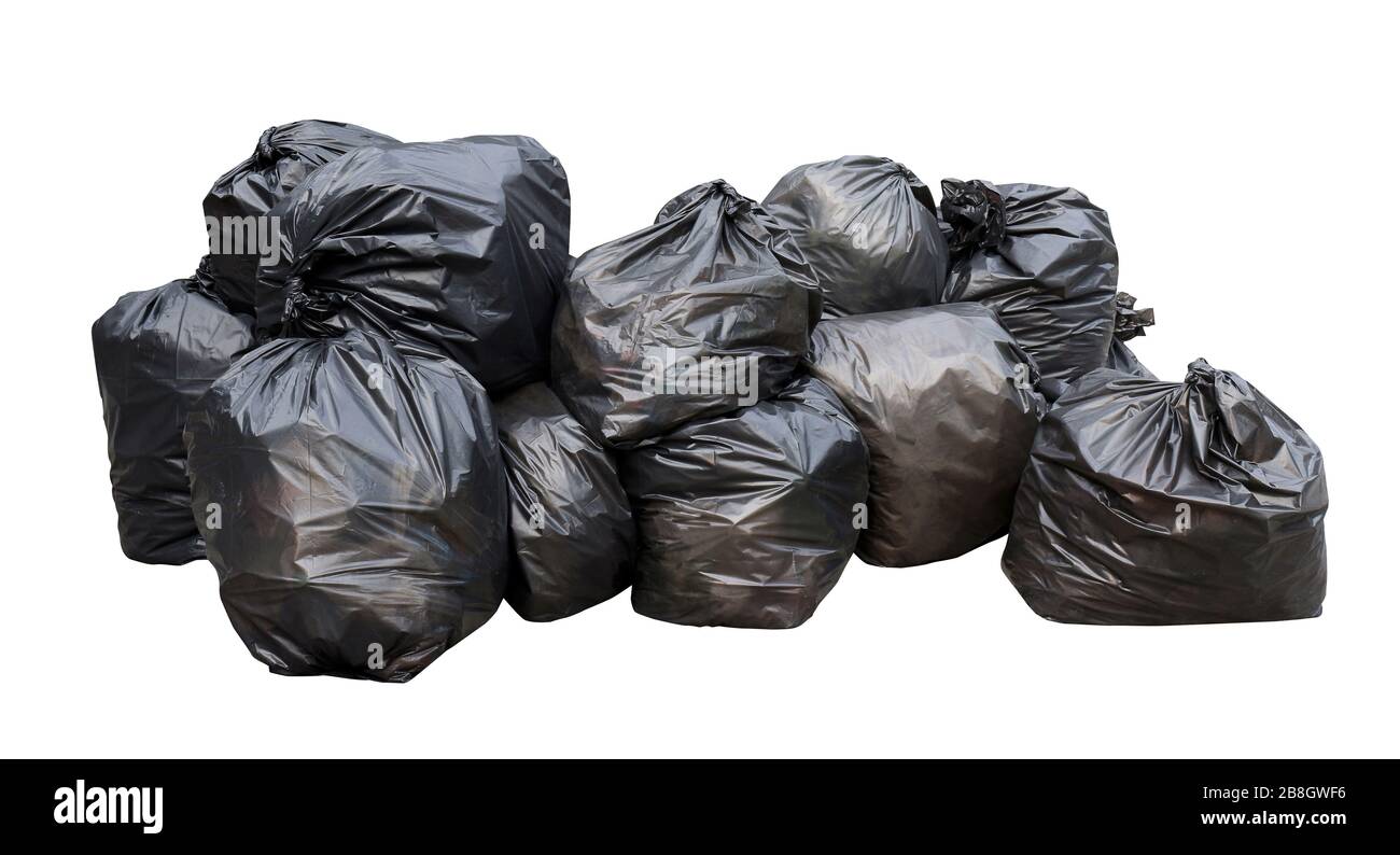 waste, black garbage plastic pile stack isolated on white background, lots pile of garbage black bags stack Stock Photo Alamy
