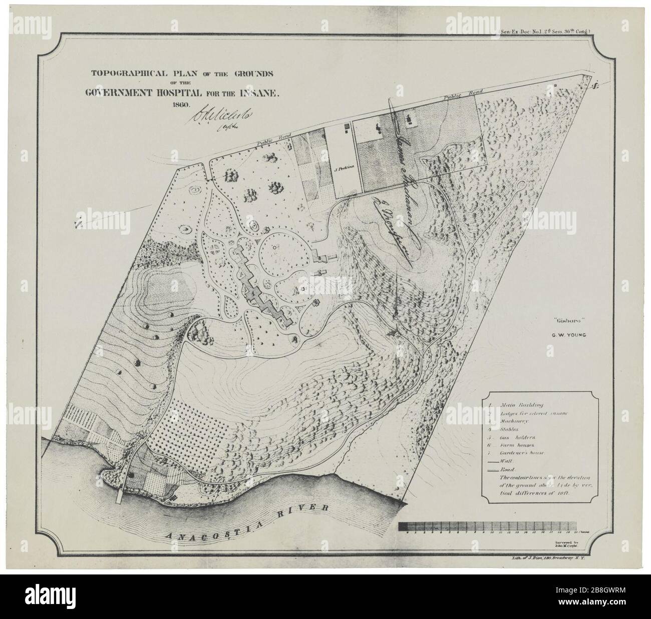 Government Hospital for the Insane (Saint Elizabeths Hospital), Washington, D.C. Topographical plan of the grounds Stock Photo
