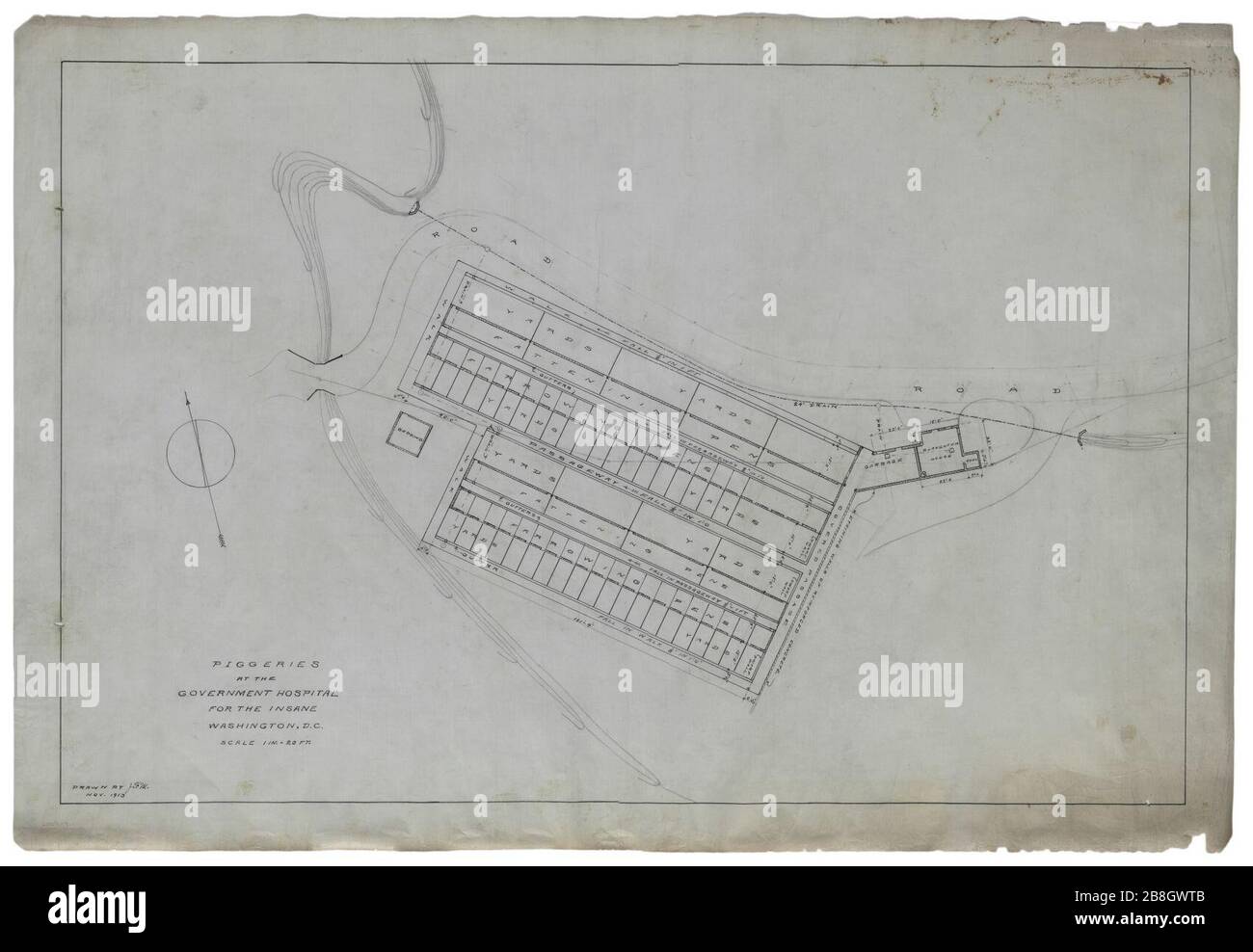 Government Hospital for the Insane (Saint Elizabeths Hospital), Washington, D.C. Piggeries. Plan and site plan with topographical additions) - J.F.M Stock Photo