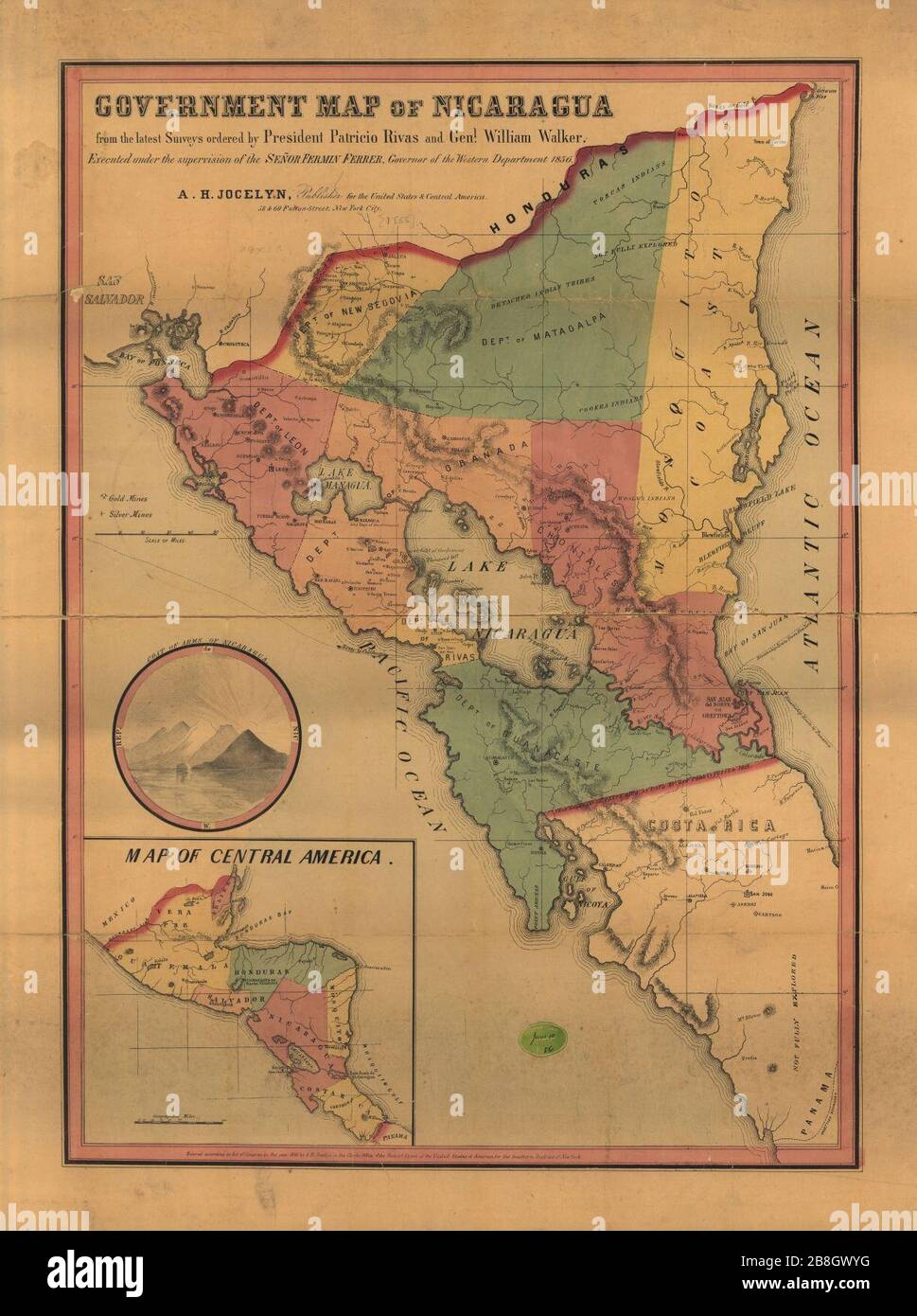 Government map of Nicaragua - from the latest surveys ordered by President Patricio Rivas and Genl. William Walker ; executed under the supervision of the Señor Fermín Ferrer, Governor of the Western Stock Photo