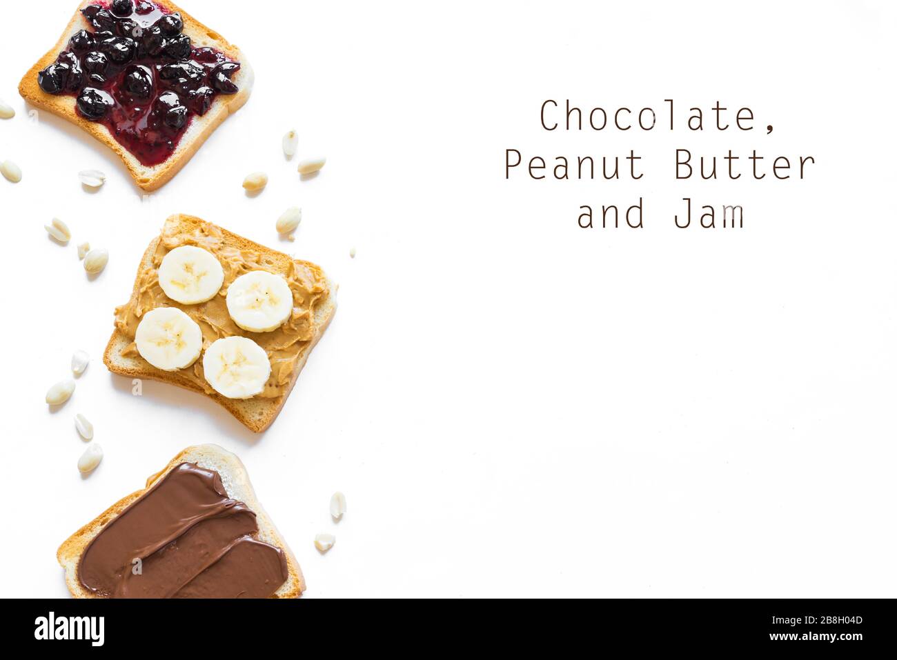 Three toasts, bread with chocolate spread, peanut butter and jam