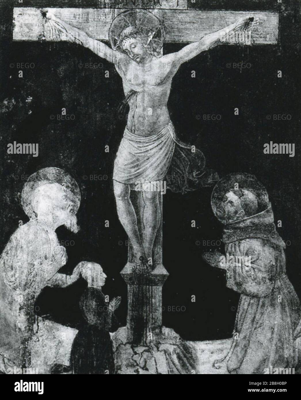 Gozzoli - Cristo in croce adorato dai santi Girolamo e Francesco e il committente, Stock Photo