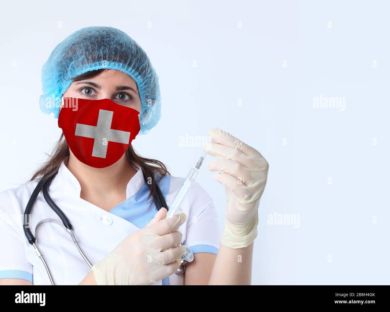 Scientist woman and mask with Switzerland flag. Research of viruses in  laboratory for prevention of a pandemic in Switzerland Stock Photo - Alamy