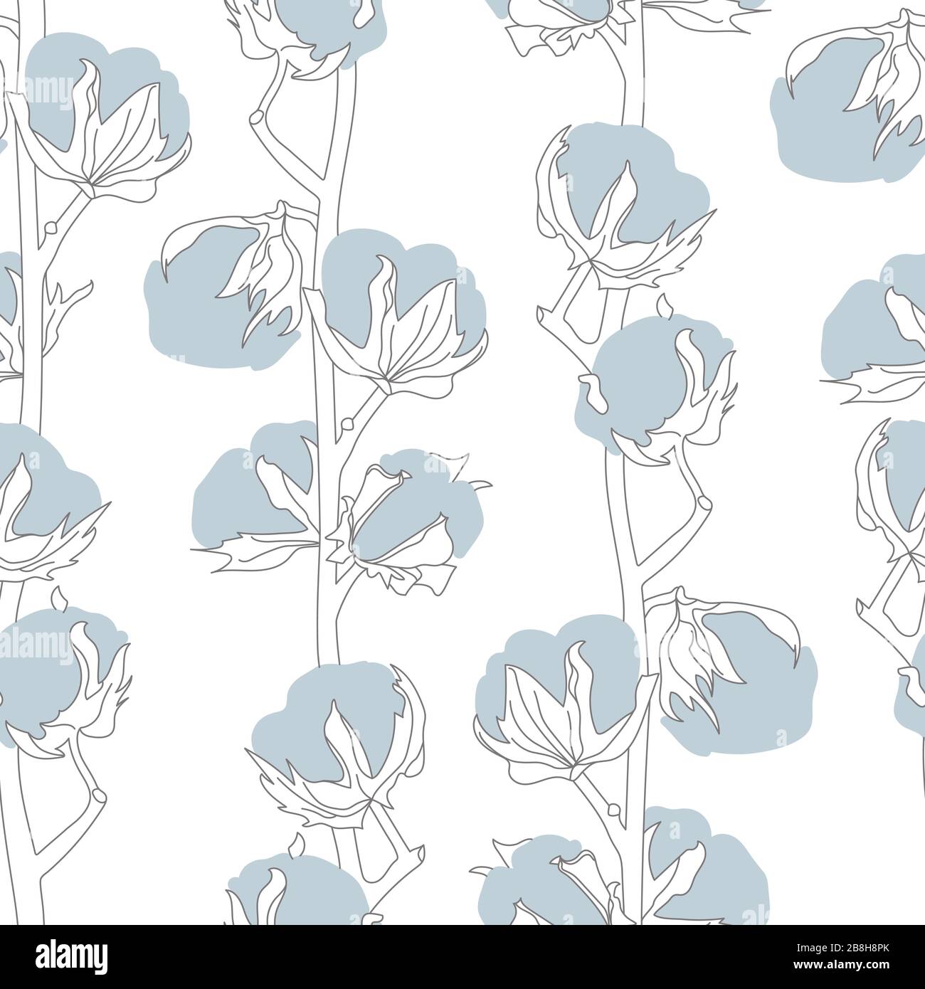 Light Blue Cotton Branches Line Drawing Seamless Vector Pattern on White Stock Vector