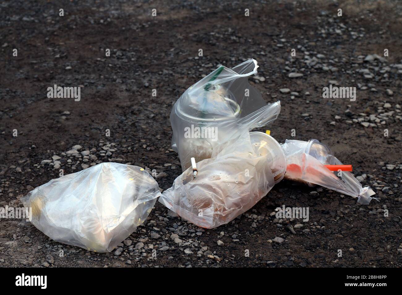 pile garbage trash drink glass and plastic bag, water cup Juice dirty