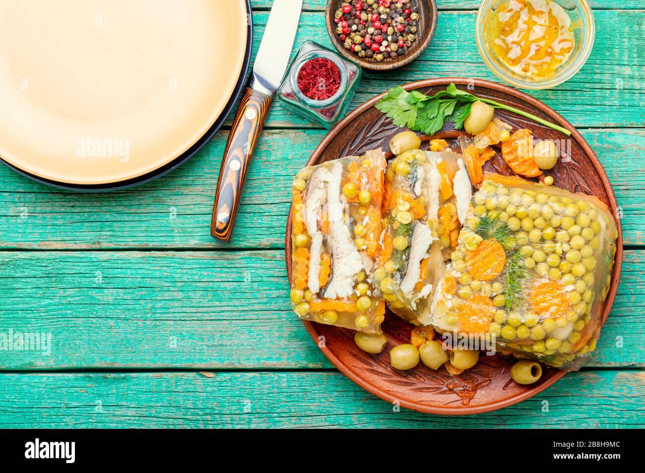 Jellied, cold dish of fish, filled with gelatinous broth.Russian food Stock Photo Alamy