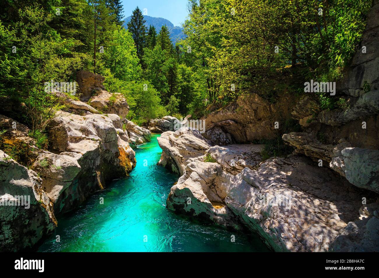 Great rafting and kayaking place in Europe. Majestic nature place with kayaking destination. Stunning turquoise Soca river and narrow gorge, Bovec, Sl Stock Photo