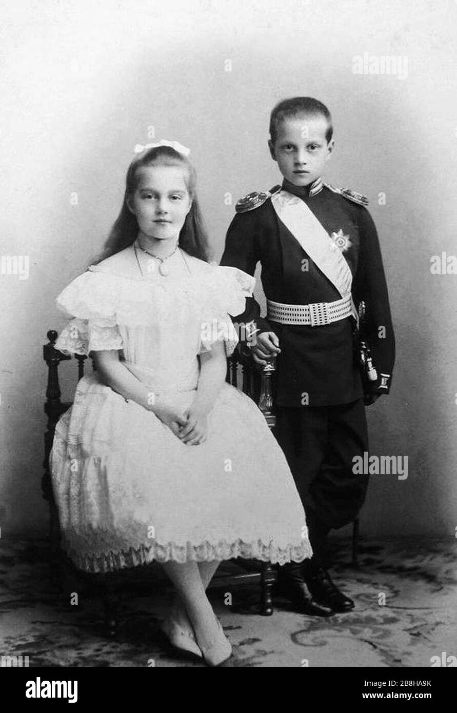 Grand Duchess Maria Pavlovna and her brother Grand Duke Dmitri Pavlovich in theri childhood. Stock Photo
