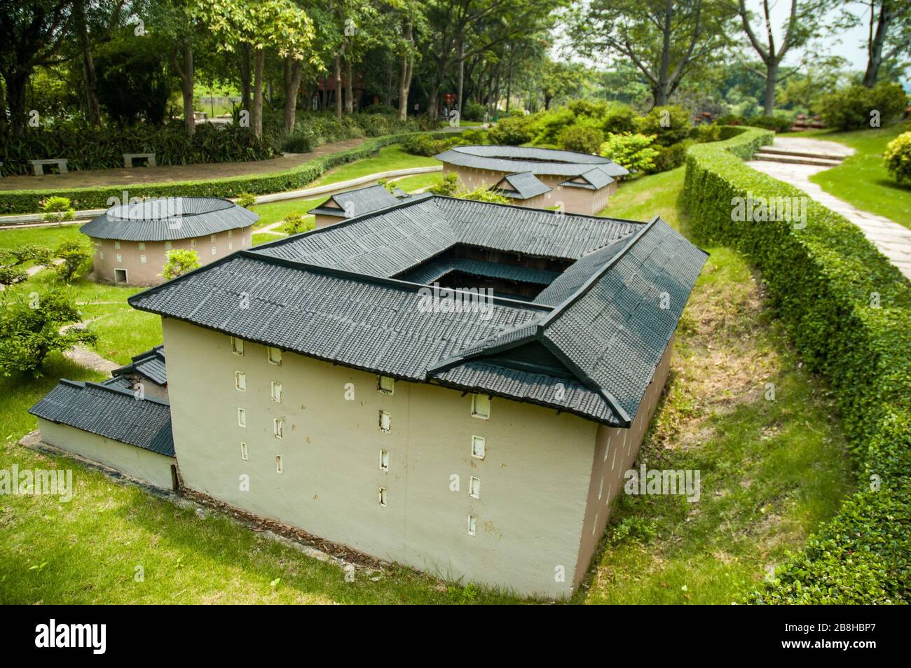 Fujian style tulou building models at the Splendid China Miniature Park in Shenzhen. Stock Photo