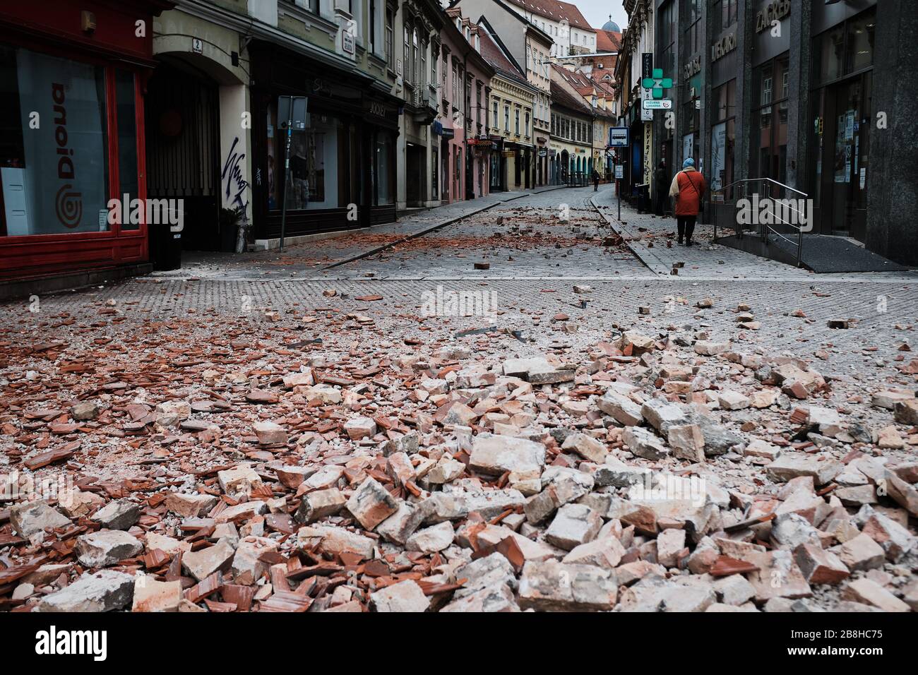 Amidst COVID 19 pandemic, the capital of Croatia, Zagreb got struck by 5.5 magnitude earthquake on 22.3.2020. Several people got injured one severely. Stock Photo