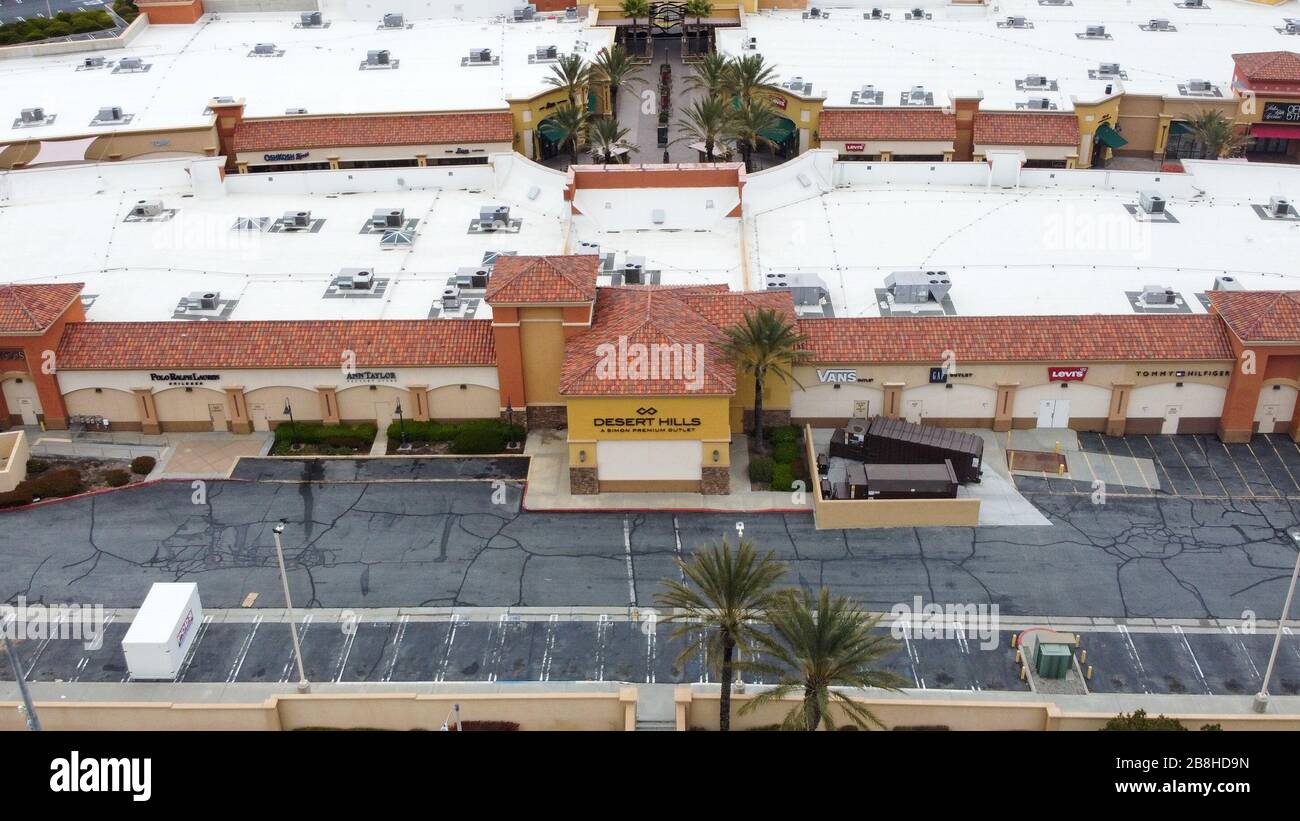 General overall aerial view of the Desert Hills Premium Outlets, Friday,  March 20, 2020, in Cabazon, Calif. The outlets announced on Thursday they  would be closing to help the spread of the