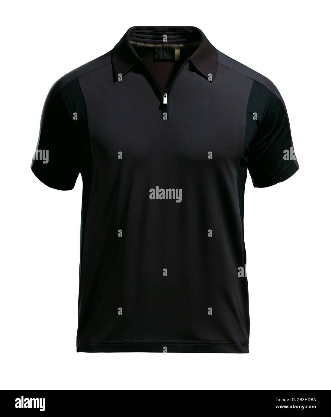 Black polo shirt design template (front) with zipper isolated on white background with clipping path Stock Photo