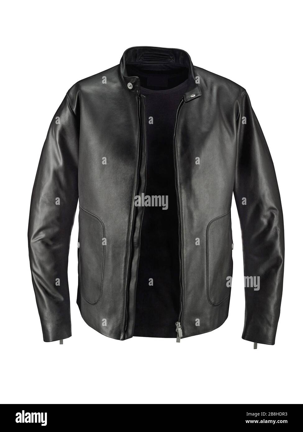 Luxury Black Leather jacket with t-shirt under, isolated on white background with clipping path. High Quality XXL! Stock Photo