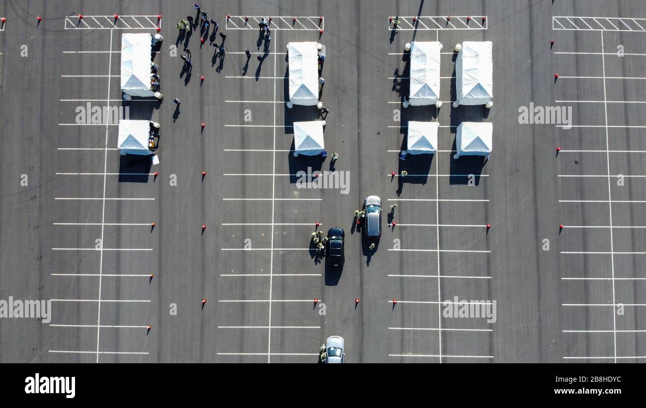 General overall aerial view of coronavirus (COVID19) drivethru