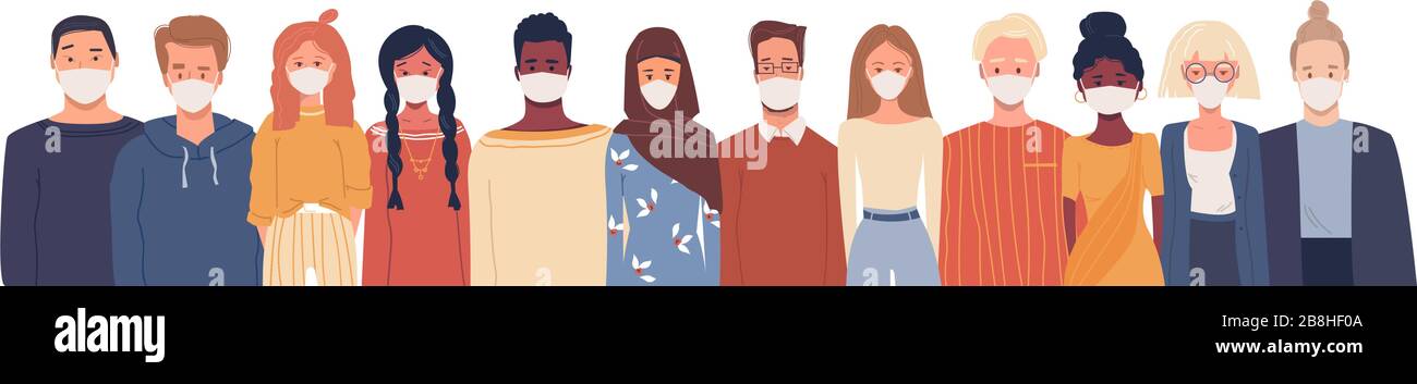 Multiethnic group of people in white medical face mask. Global society. Health. Disease epidemic, coronavirus infection, air pollution. Coronavirus Stock Vector