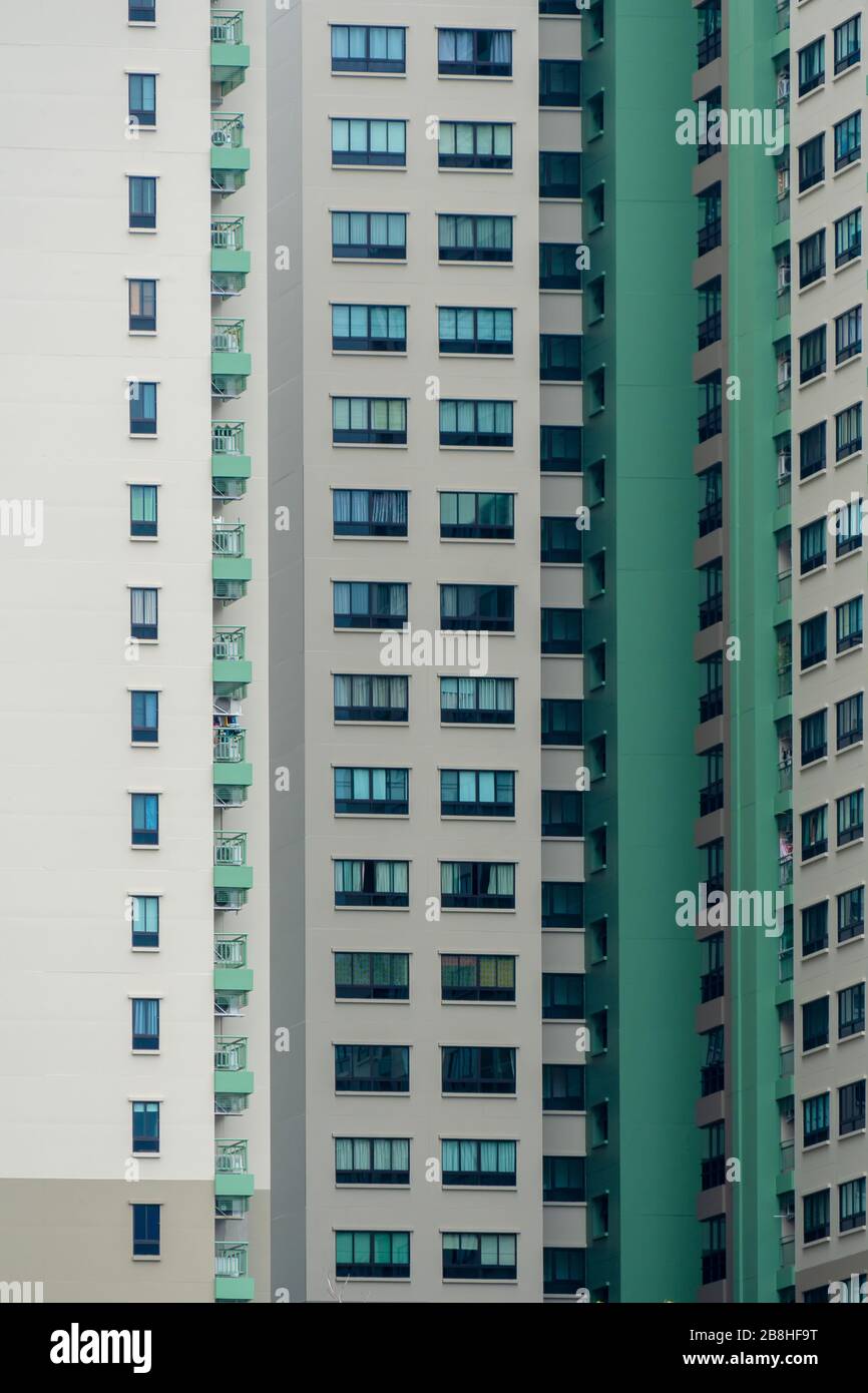 Duplicates of windows and balconies, condos, part of the green building. Stock Photo