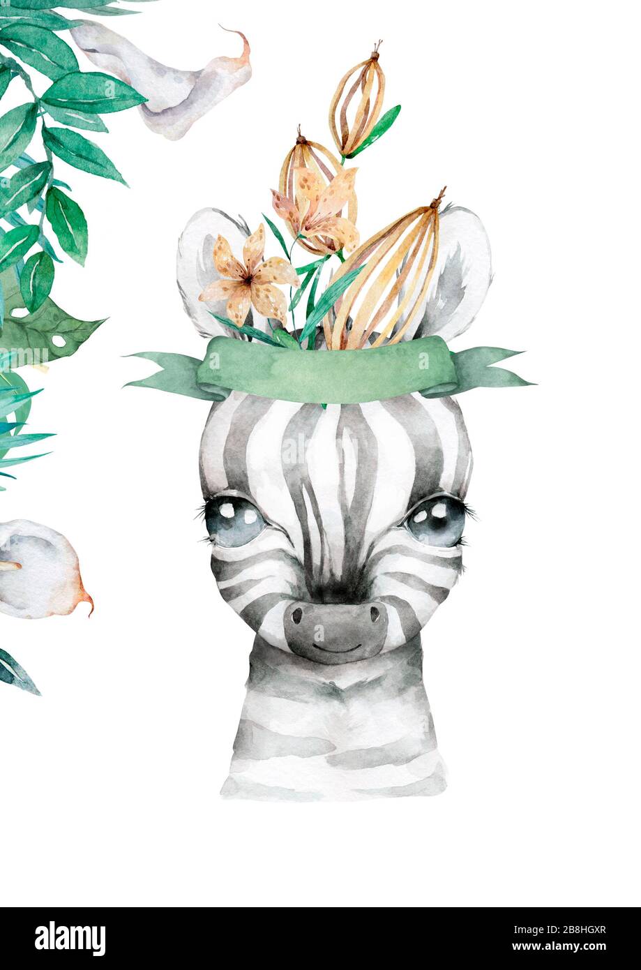 Watercolor cartoon isolated cute baby zebra animal with flowers. Nursery  african illustration. Bohemian boho drawing for nursery poster Stock Photo  - Alamy