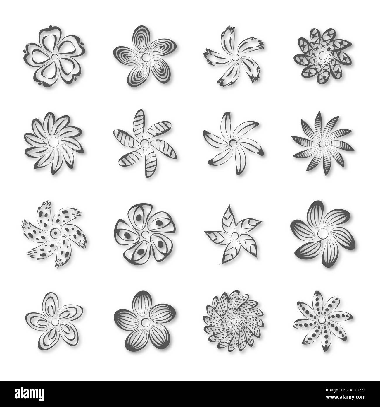 Set of various abstract flower buds isolated on white background, vector illustration. Stock Vector