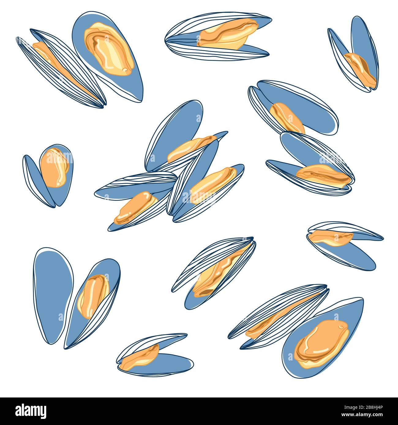 Collection of Blue and Orange Mussels Sketch Design. Seafood Drawing. Gourmand Restaurant Food Stock Vector
