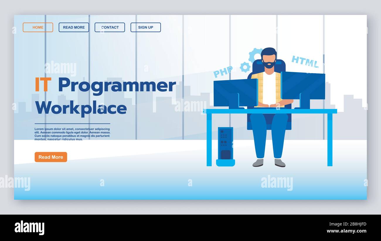 IT programmer workplace landing page vector template Stock Vector
