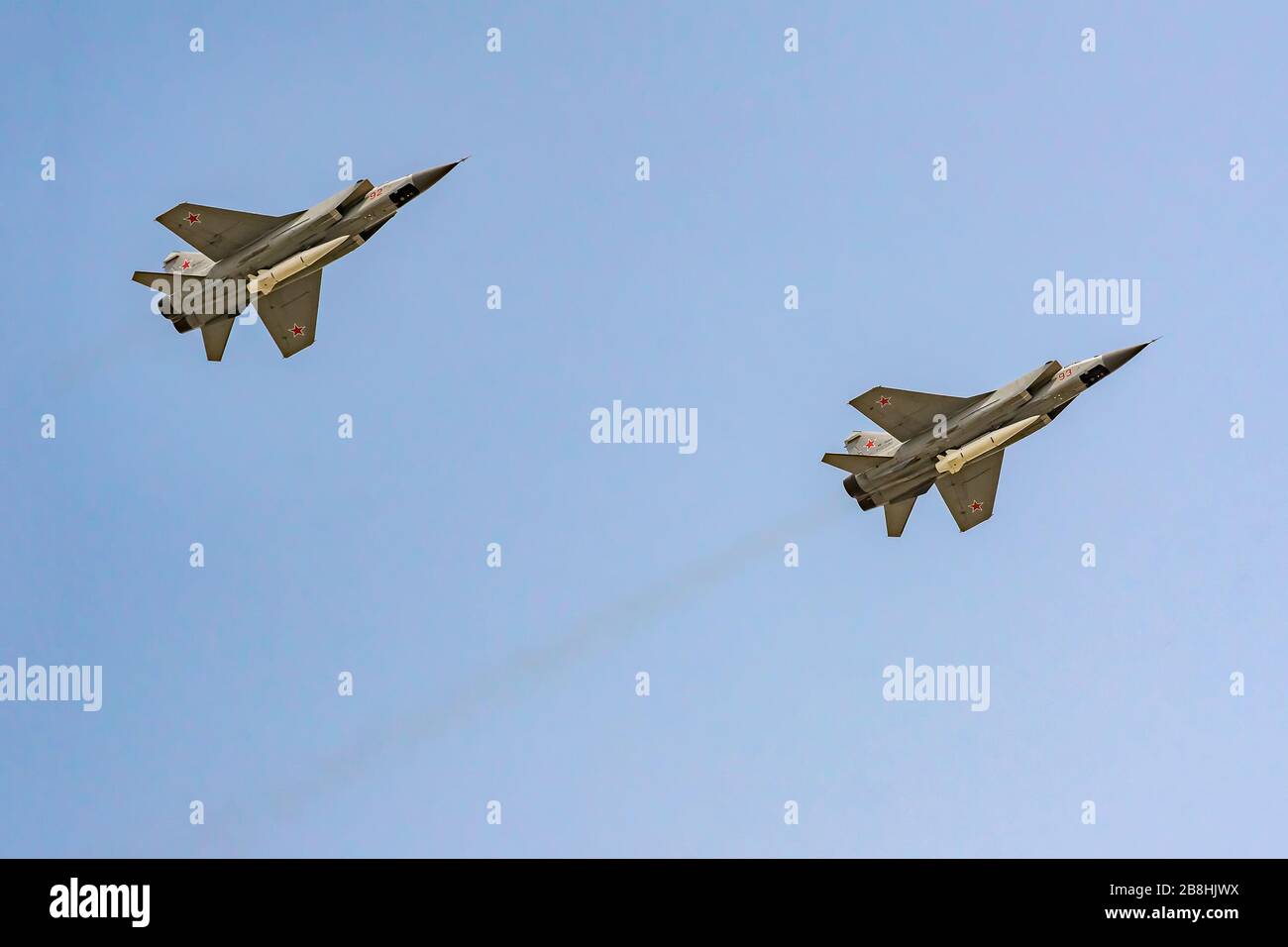 Moscow, Russia - May 04, 2018: Russian Air Force MIG-31 aircraft armed with high-precision hypersonic aero-ballistic missile 'Dagger' (Kinzhal) during Stock Photo