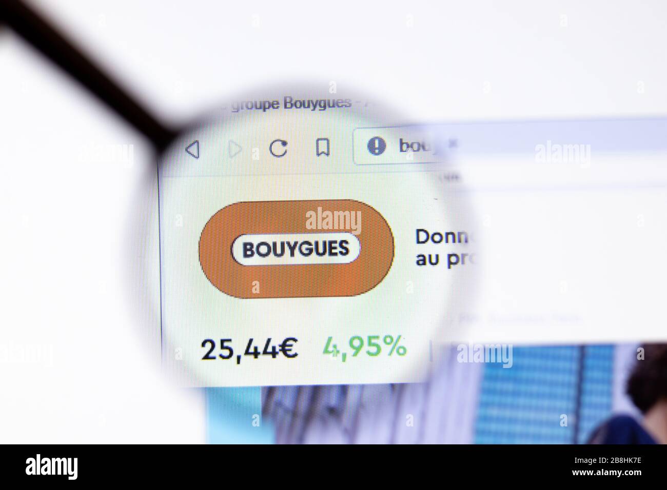 Los Angeles, California, USA - 20 March 2020: Bouygues company logo on website page close-up on screen, Illustrative Editorial Stock Photo
