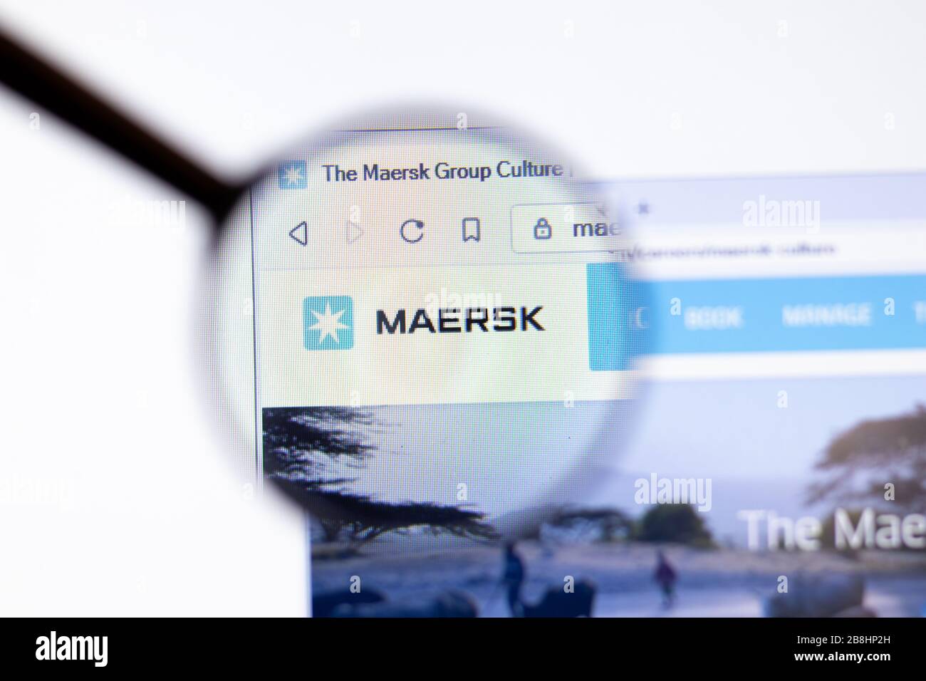 Los Angeles, California, USA - 20 March 2020: Maersk Group company logo on website page close-up on screen, Illustrative Editorial Stock Photo