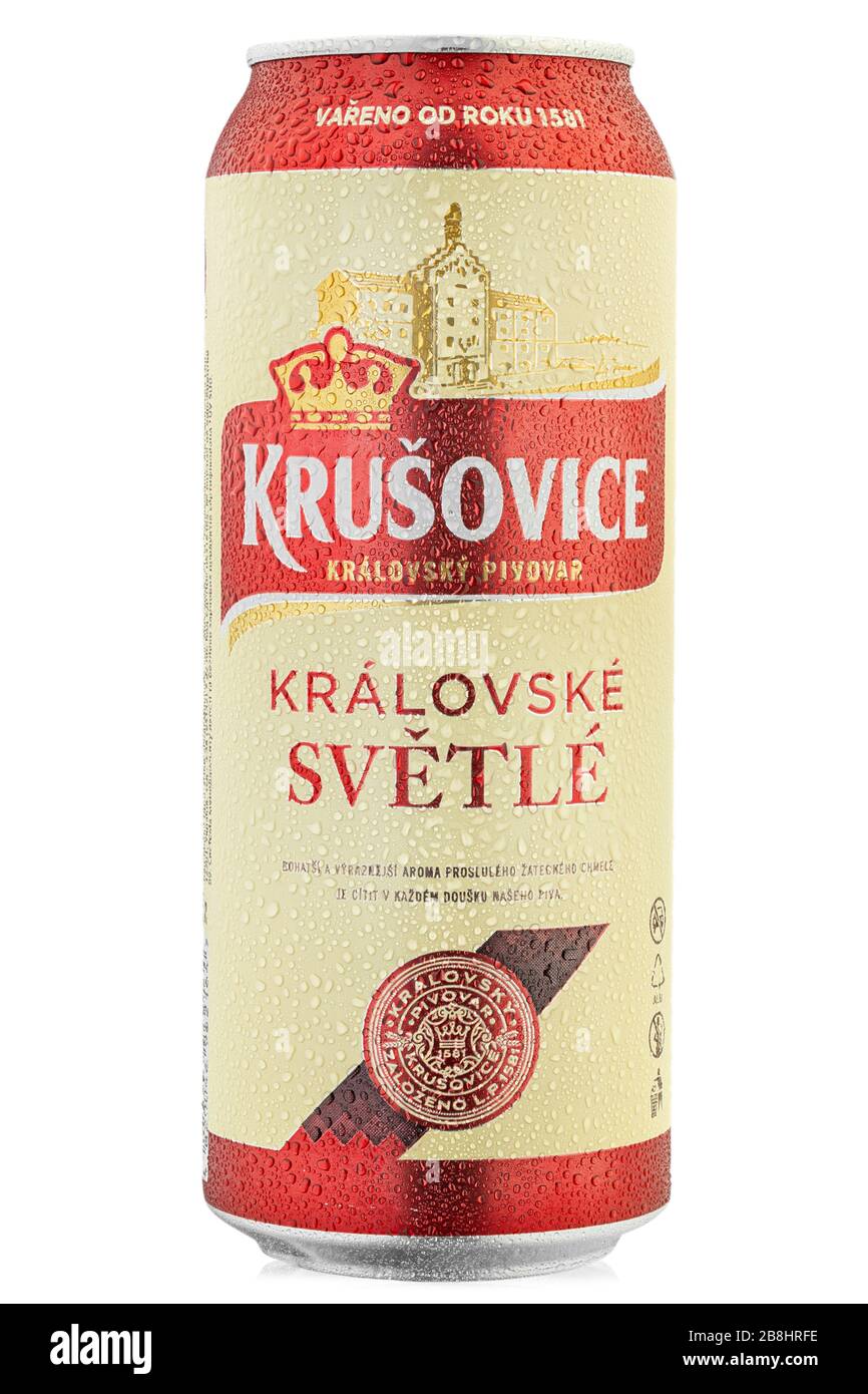 Ukraine, Kyiv March 10, 2020 Krusovice Svetle premium beer can