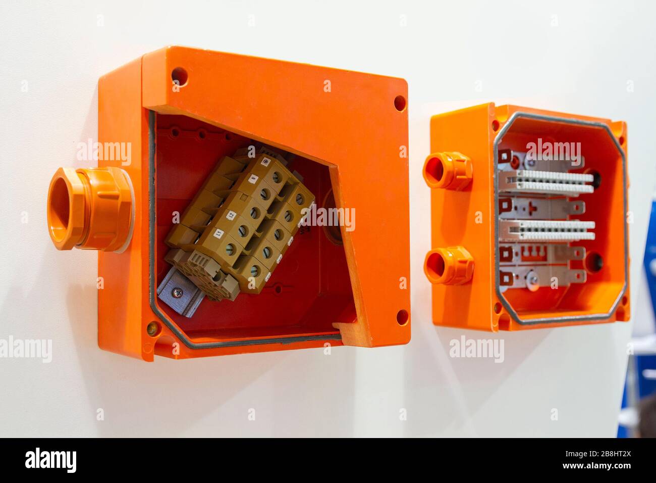 Wires and clam terminals to open the electrical distribution box. Industry Stock Photo