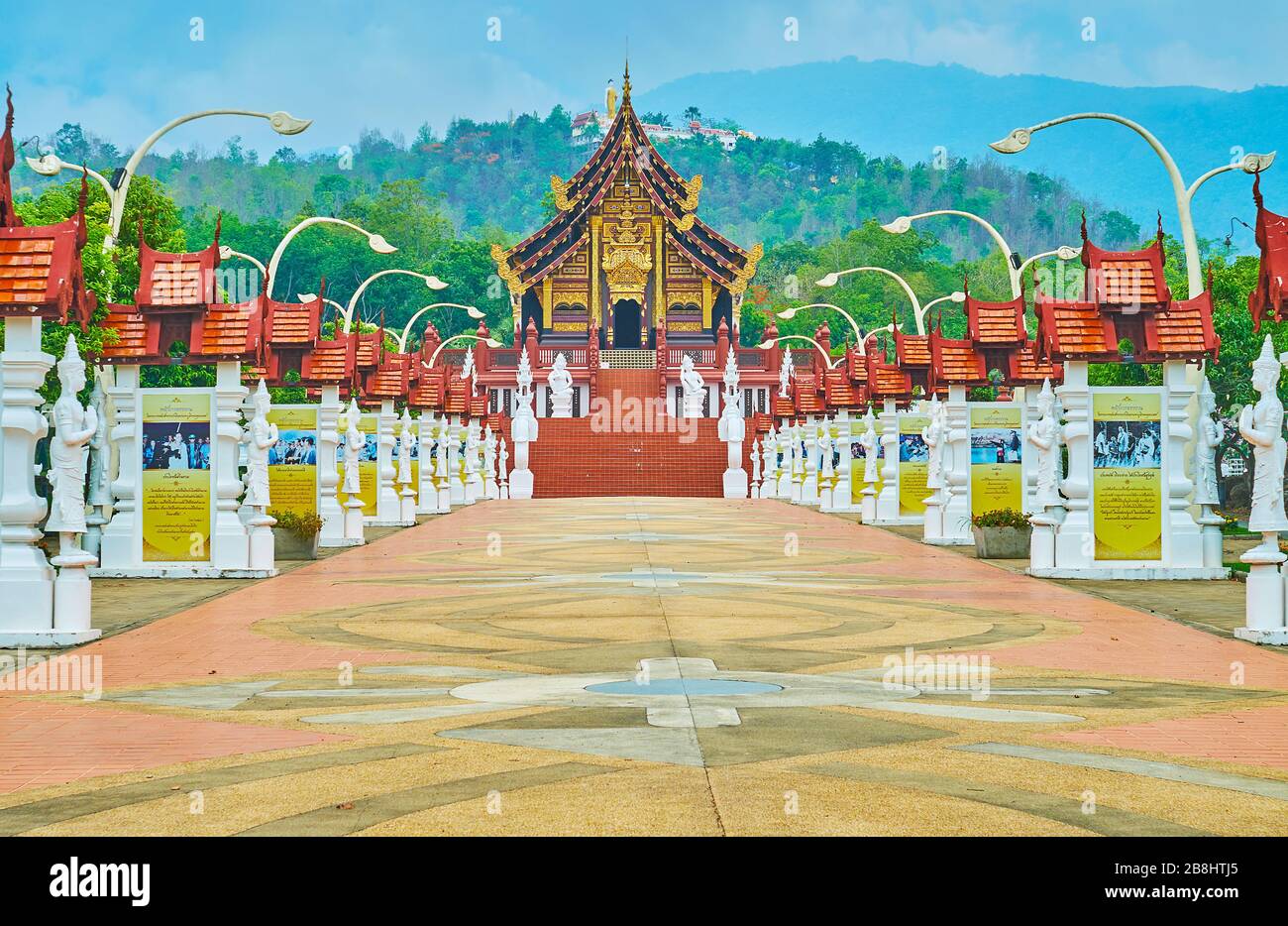 CHIANG MAI, THAILAND - MAY 7, 2019: The Royal alley leads to the picturesque Lanna style Royal pavilion, located in Rajapruek park, on May 7 in Chiang Stock Photo