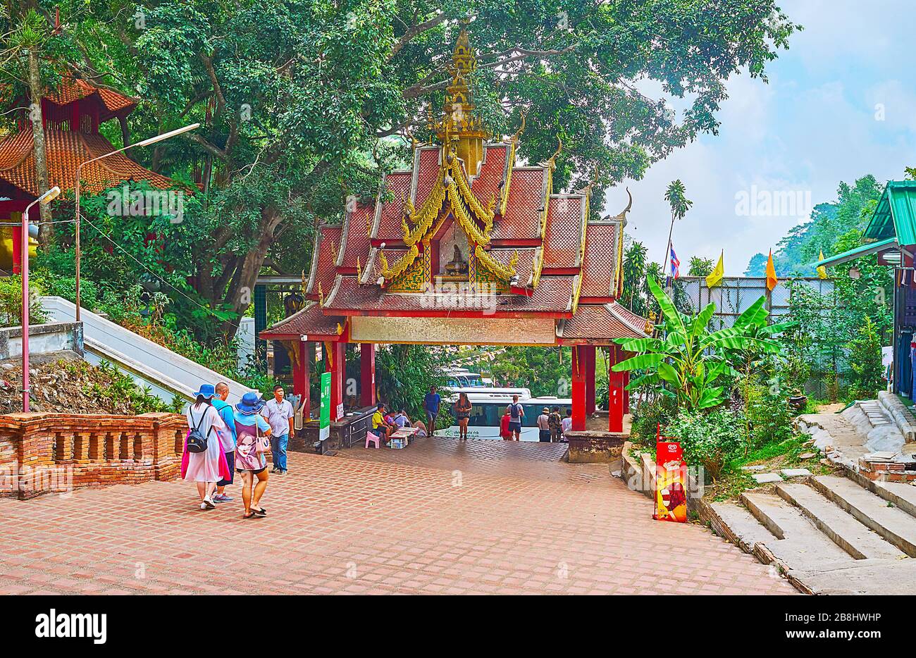 CHIANG MAI, THAILAND - MAY 7, 2019: The gate and stairs at the foot of the slope of Doi Suthep Mountain, leading to the Wat Phra That Doi Suthep templ Stock Photo