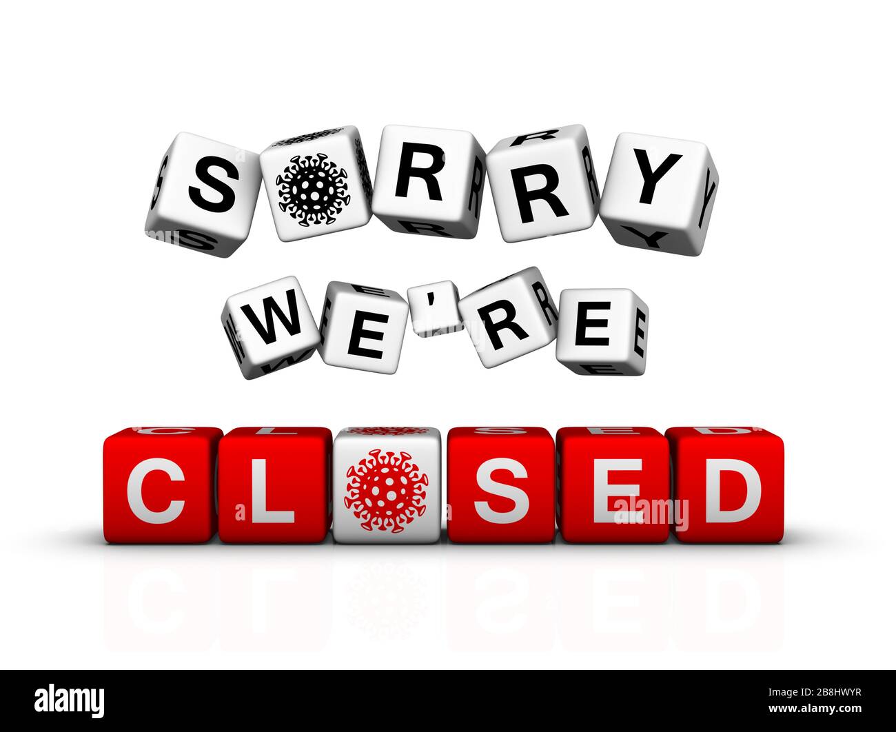 Sorry We're Closed Sign with coronavirus icon. 3D illustration Stock Photo