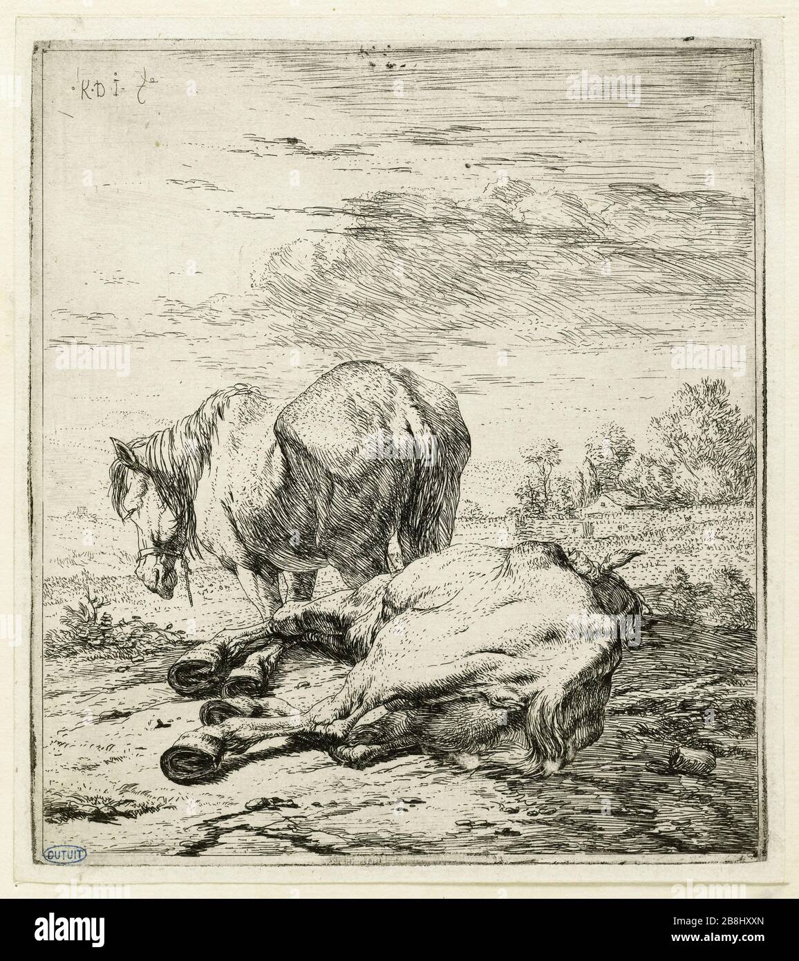 The two horses (Bartsch 4) Karel Dujardin (1622-78). Les Deux chevaux (Bartsch 4). Eau-forte, 1652-1660. Musée des Beaux-Arts de la Ville de Paris, Petit Palais. Stock Photo