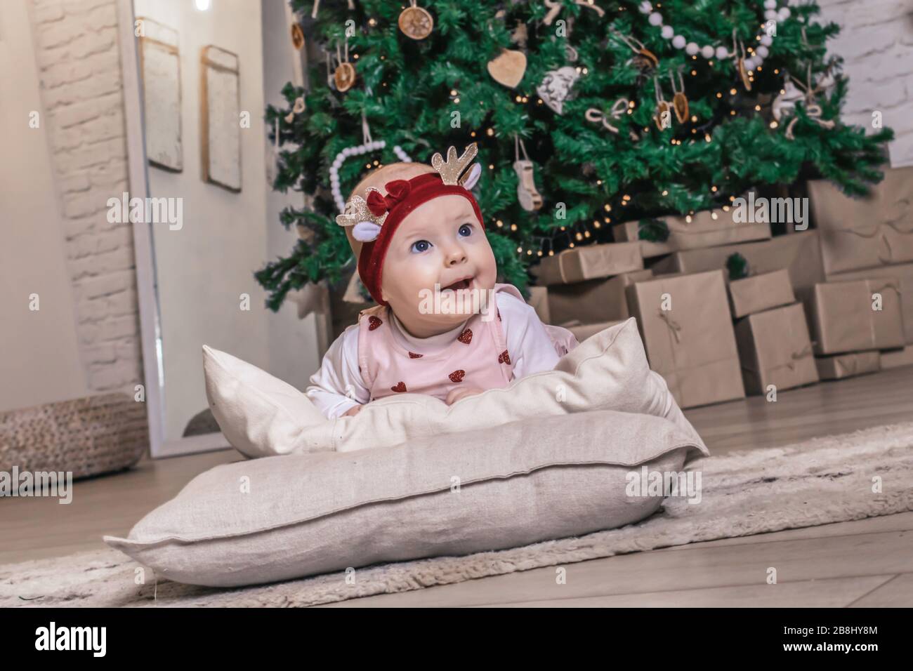 christmas portrait of cute little baby girl photo Stock Photo