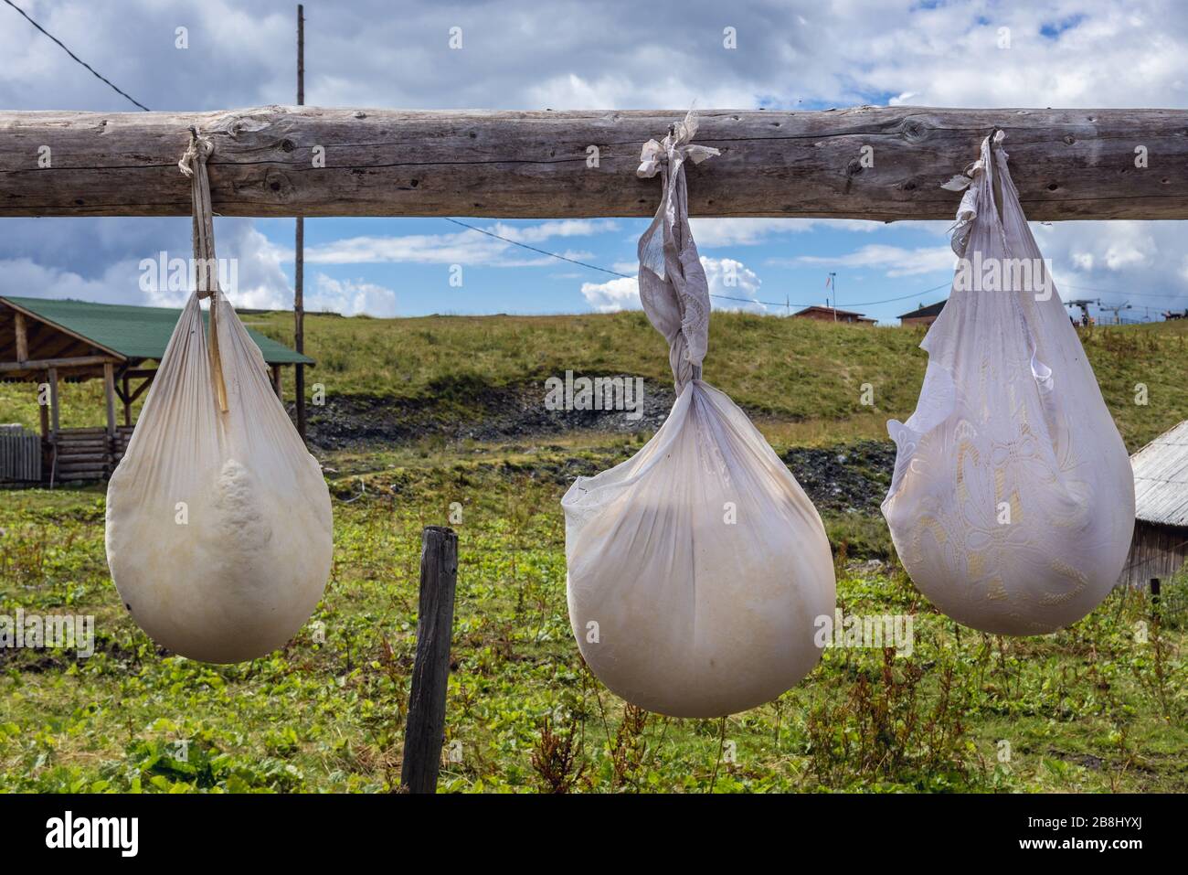 Traditional white fresh cheese made in small hut on a mountain in Borsa resort in Rodna Mountains, located in Maramures County of Northern Romania Stock Photo