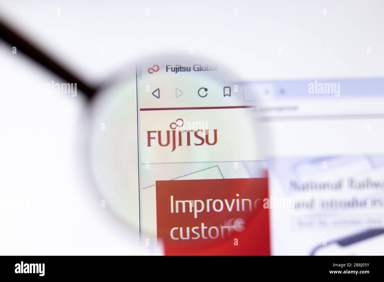 Los Angeles, California, USA - 20 March 2020: Fujitsu company logo on website page close-up on screen, Illustrative Editorial Stock Photo