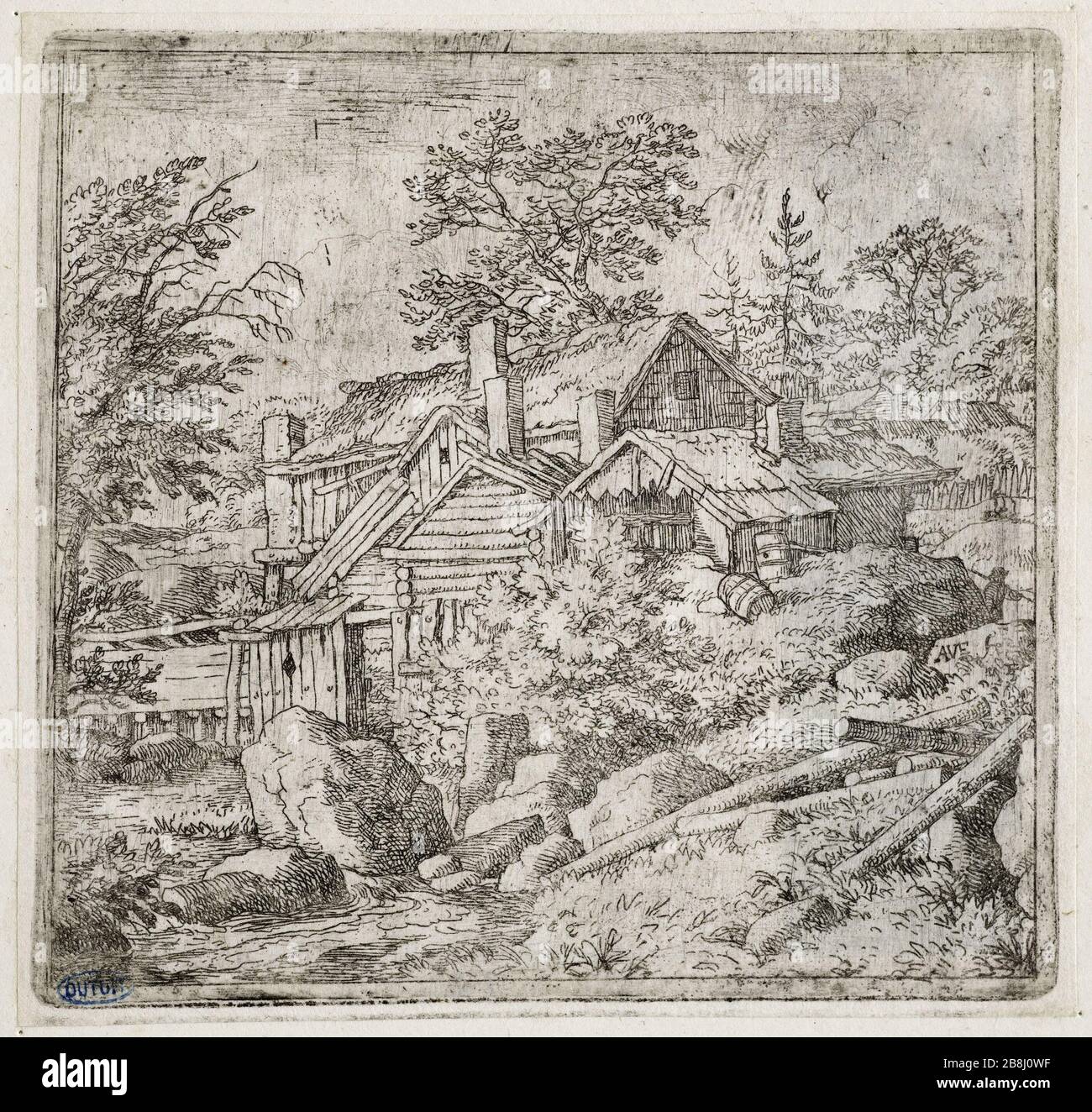 The hamlet on the slope of a mountain (Bartsch 17) Allart Van Everdingen (1621-1675), peintre hollandais. Le Hameau sur la pente d'une montagne (Bartsch 17). Eau-forte pure sur papier, 1645-1675. Musée des Beaux-Arts de la Ville de Paris, Petit Palais. Stock Photo