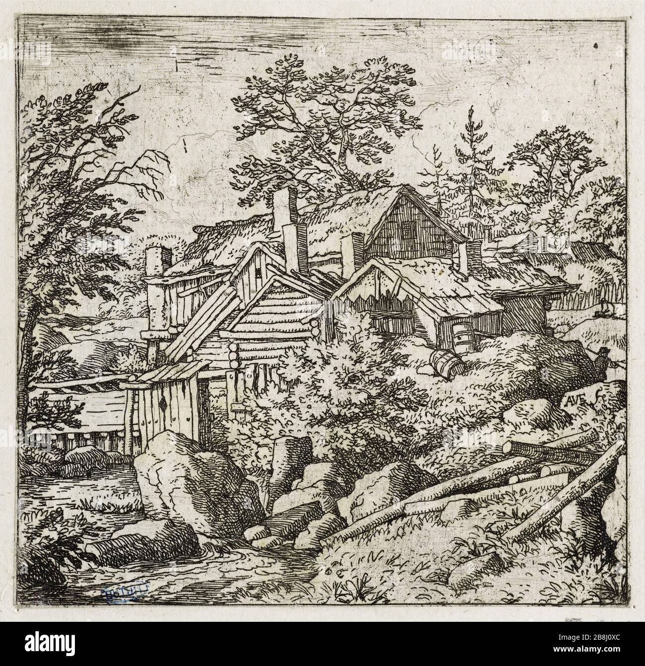 The hamlet on the slope of a mountain (Bartsch 17) Allart Van Everdingen (1621-1675), peintre hollandais. Le Hameau sur la pente d'une montagne (Bartsch 17). Eau-forte sur papier, 1645-1675. Musée des Beaux-Arts de la Ville de Paris, Petit Palais. Stock Photo