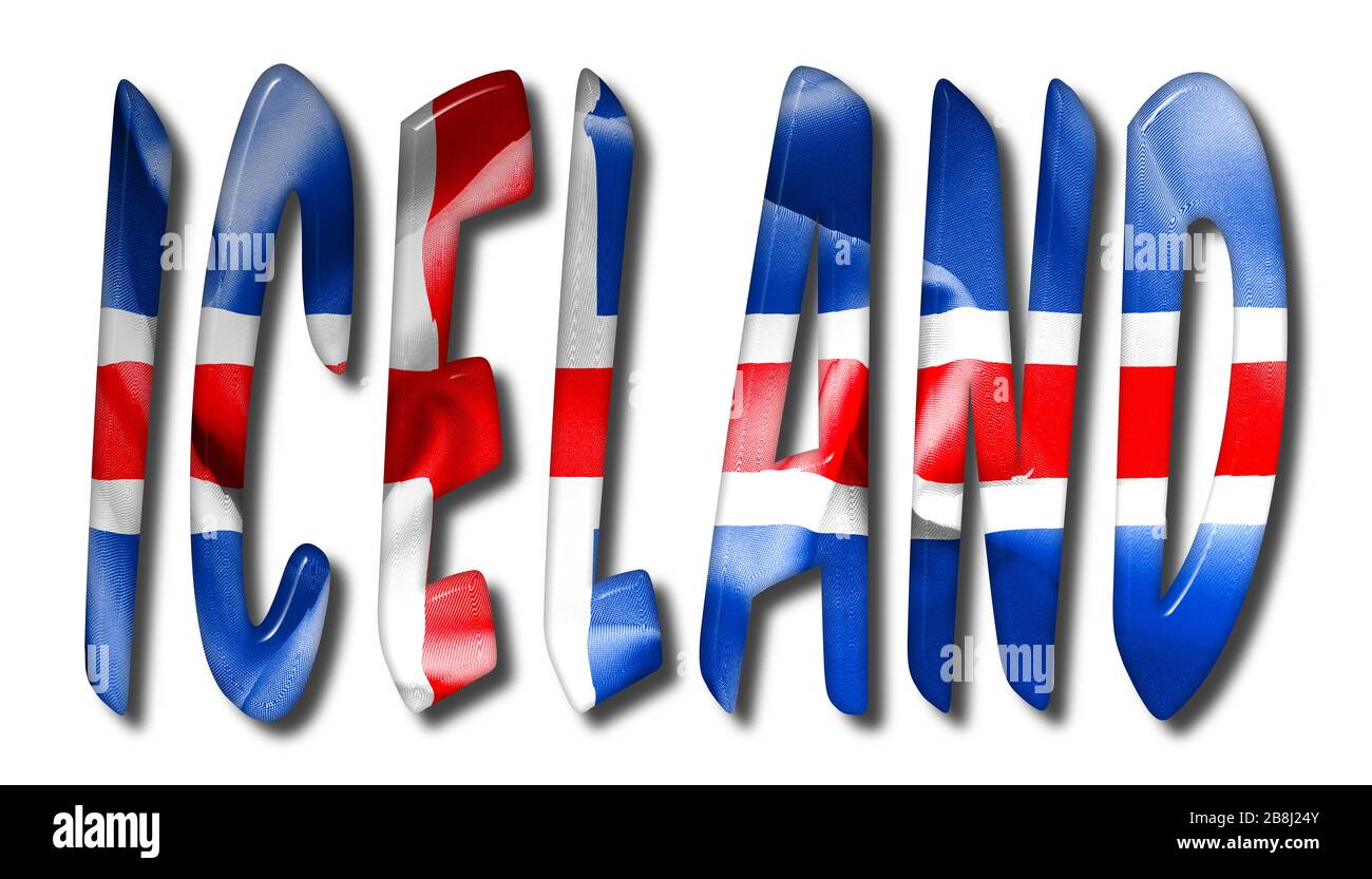 Iceland word with a bevelled flag texture on an isolated white background with a clipping path with and without shadows Stock Photo