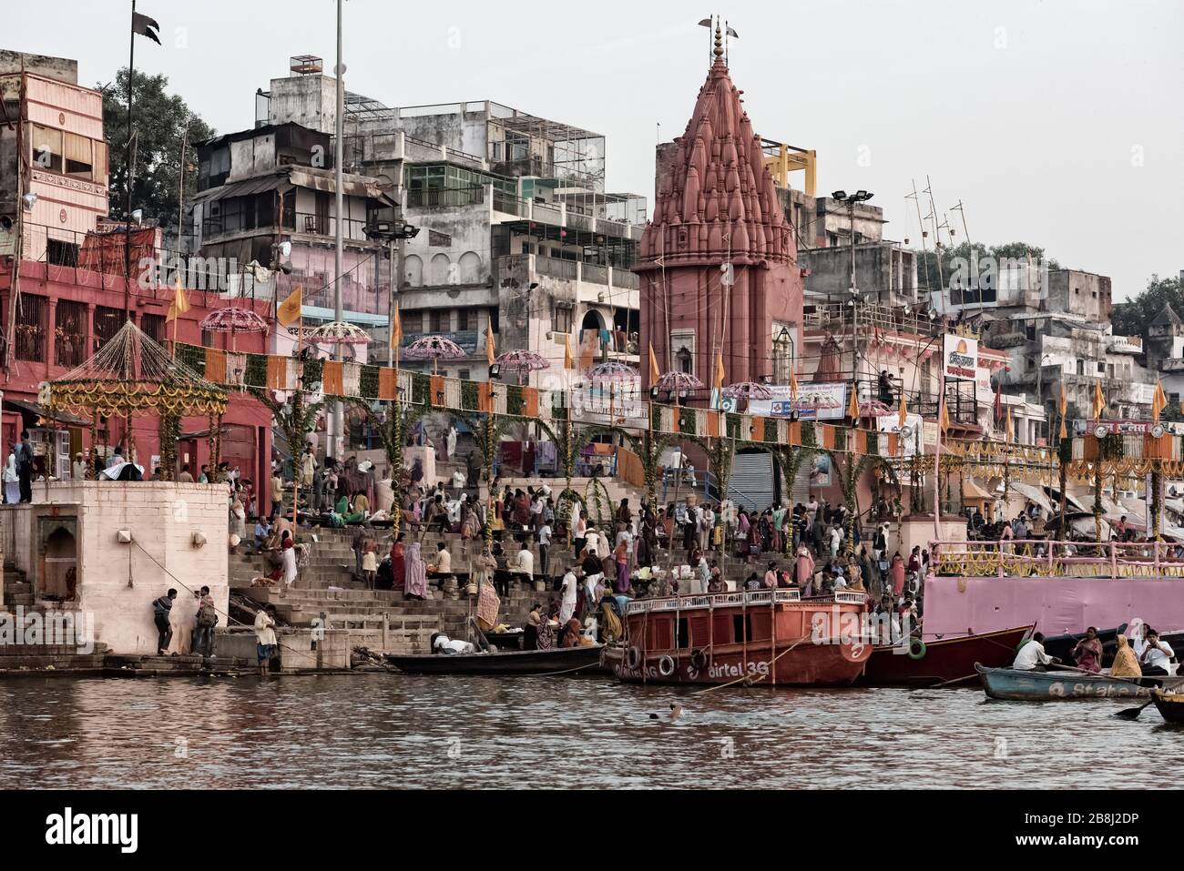 Varanasi also known as Benares, Banaras or Kashi is a city on the banks of the river Ganges in Uttar Pradesh, India, famous for remation of the dead Stock Photo