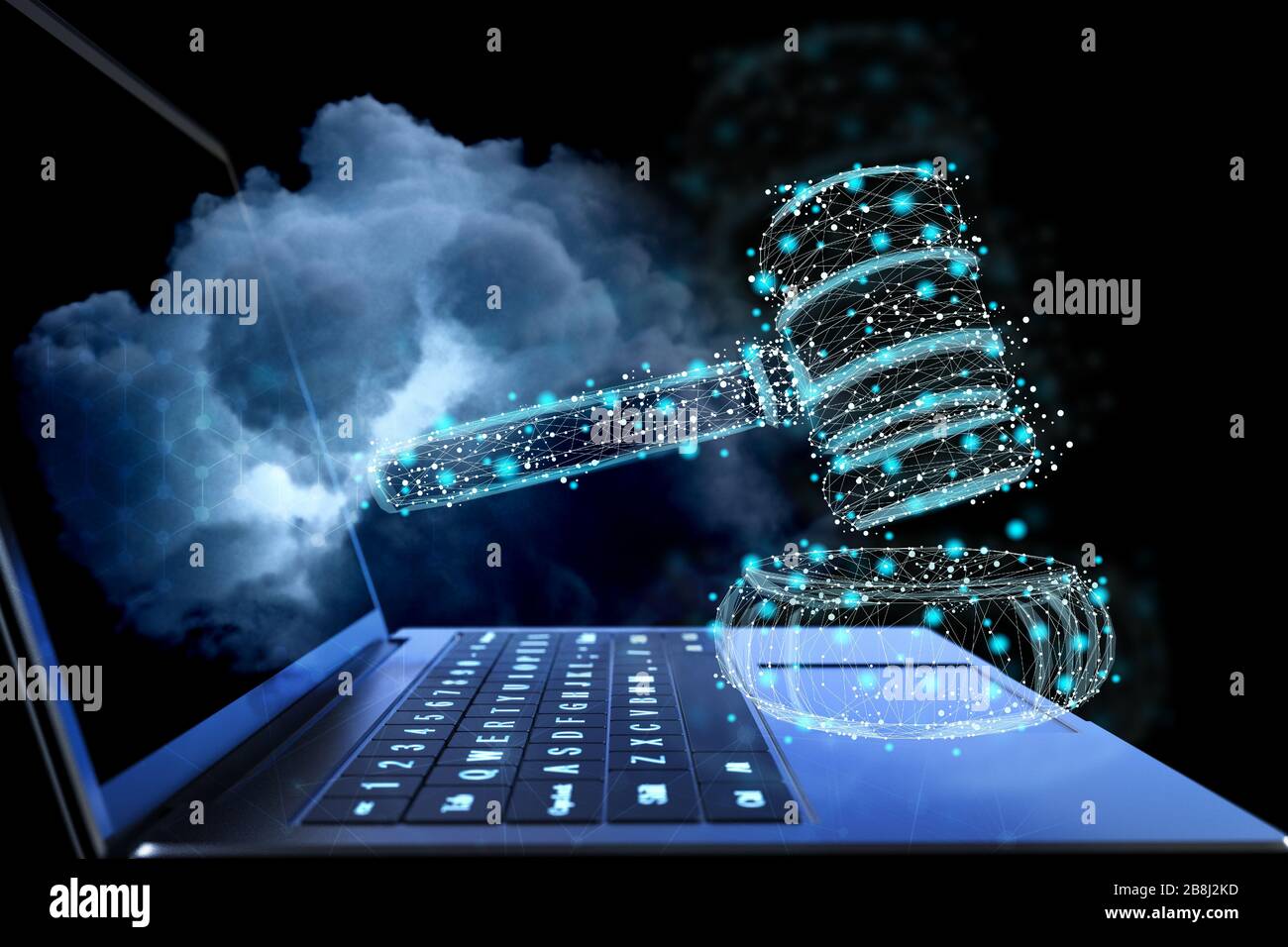 Internet law concept with 3d rendering computer notebook with digital display gavel judge Stock Photo