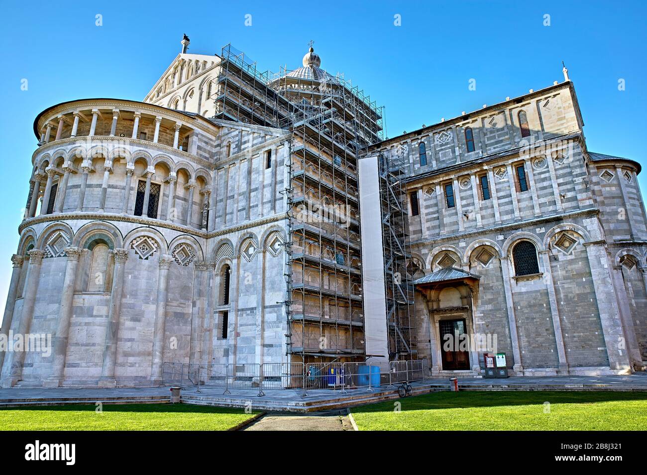 The Piazza dei Miracoli (Square of Miracles), formally known as Piazza del Duomo (Cathedral Square), is a walled 8.87-hectare area located in Pisa, Tu Stock Photo