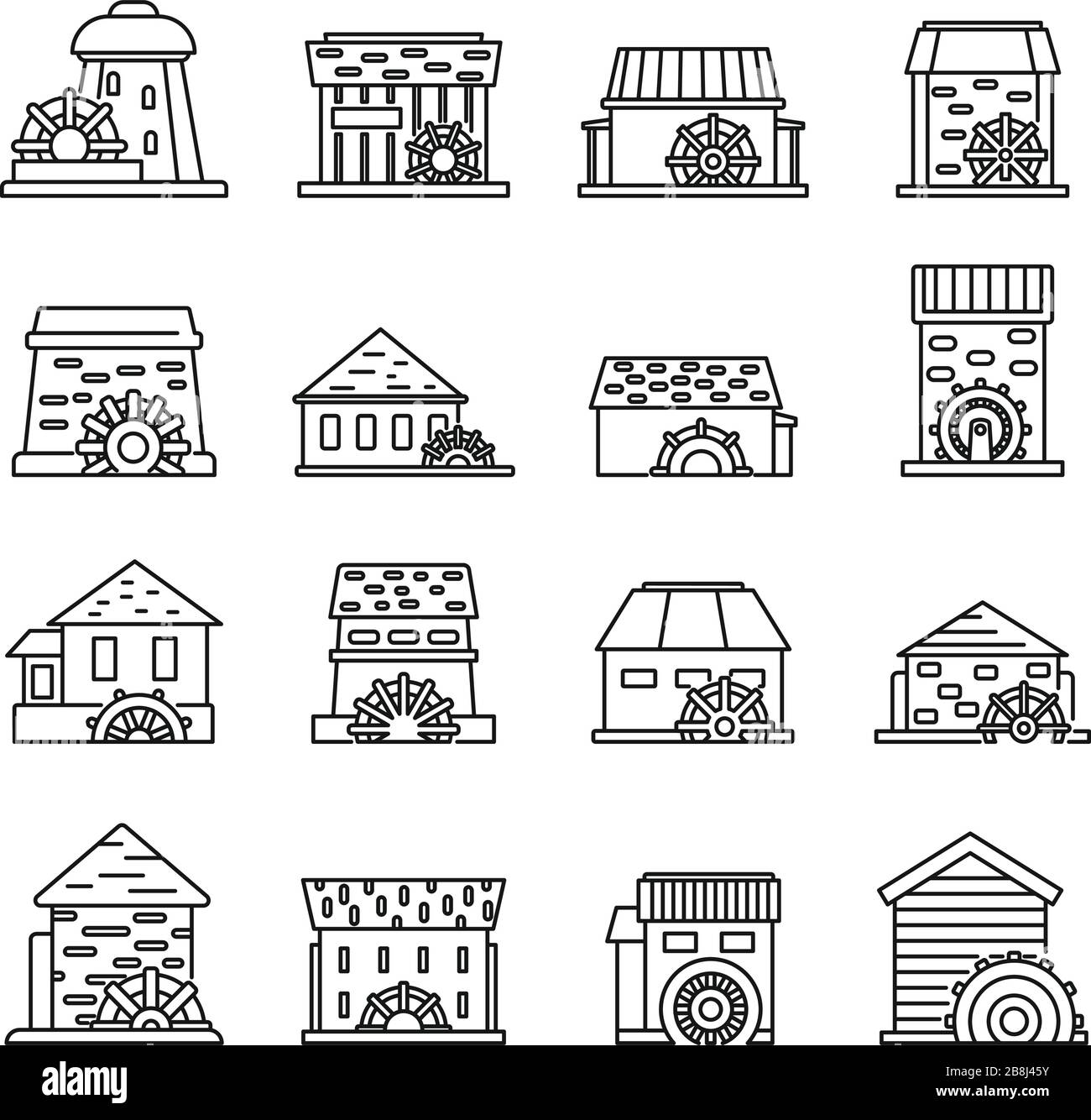 Farm water mill icons set. Outline set of farm water mill vector icons ...