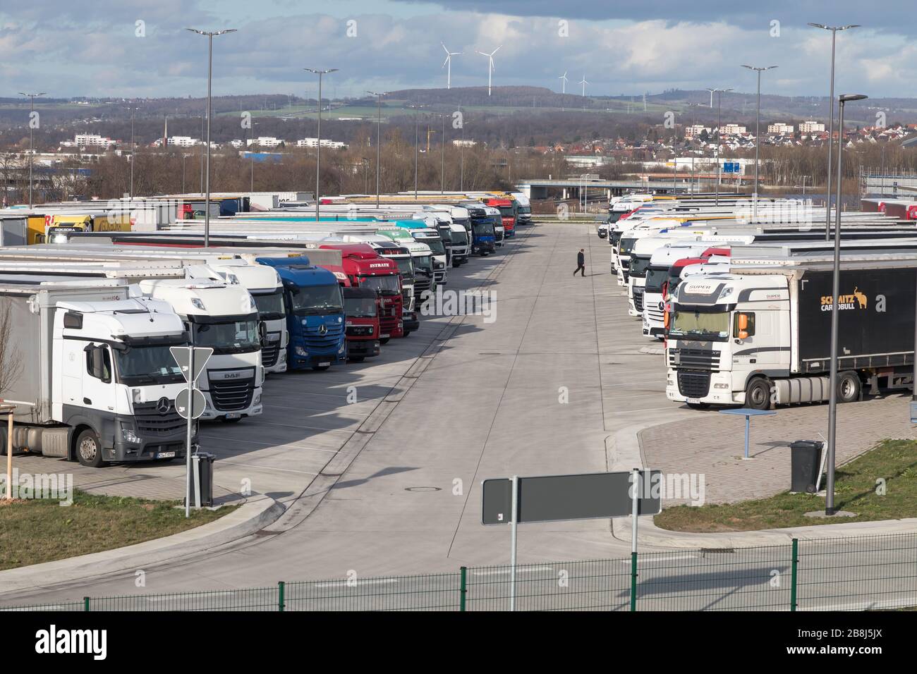parked trucks on motorway service station Kassel at german Autobahn A7 Stock Photo