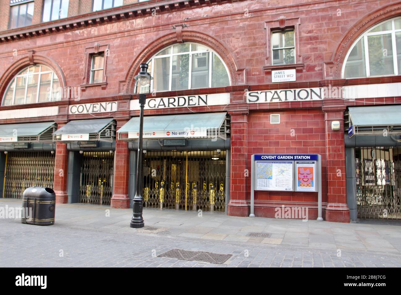 Coronavirus in London: Closed tube station Covent Garden as public transport reduces due to COVID-19 Stock Photo