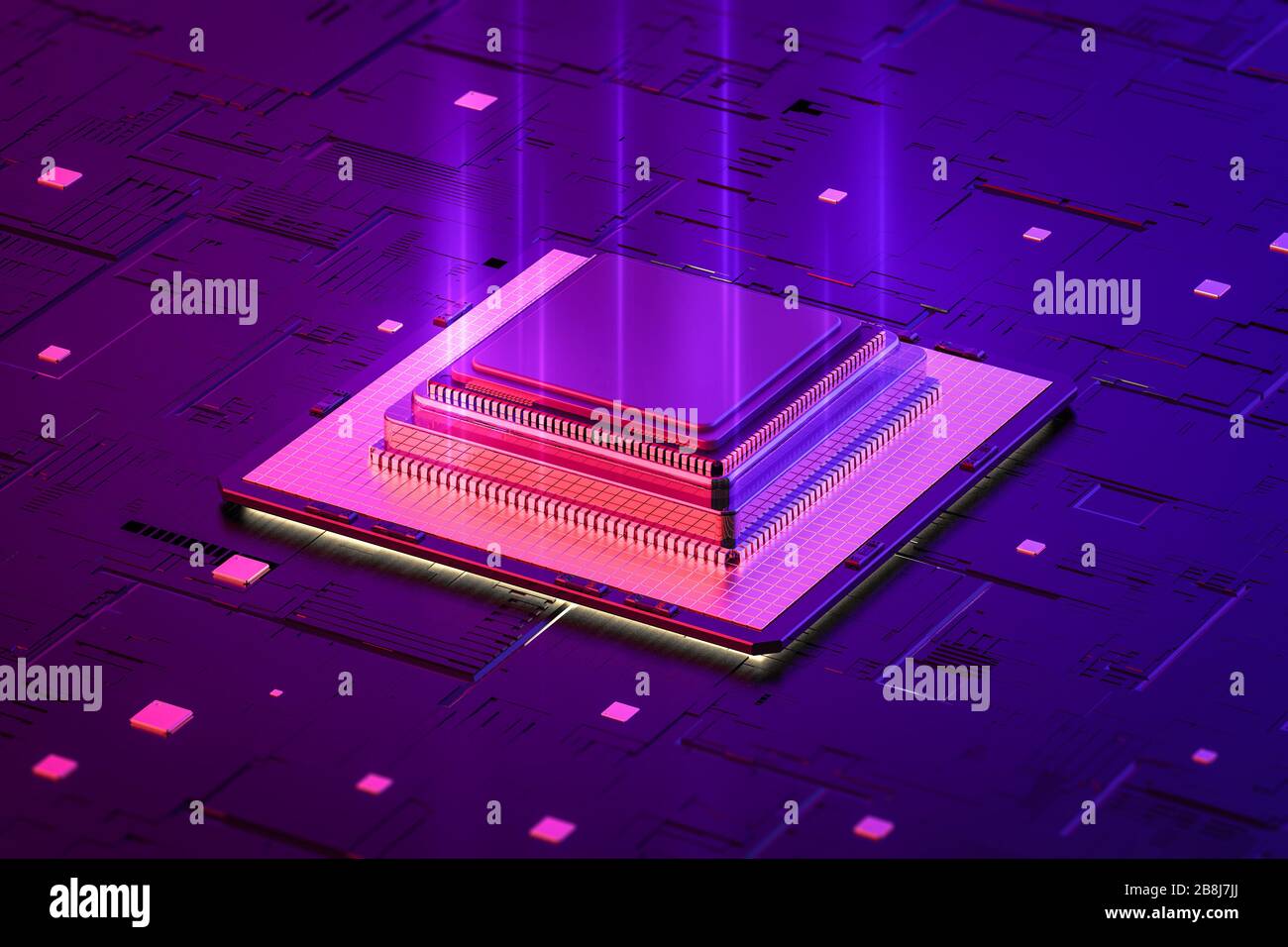 Quantum computer technology concept with 3d rendering cpu chips on board Stock Photo
