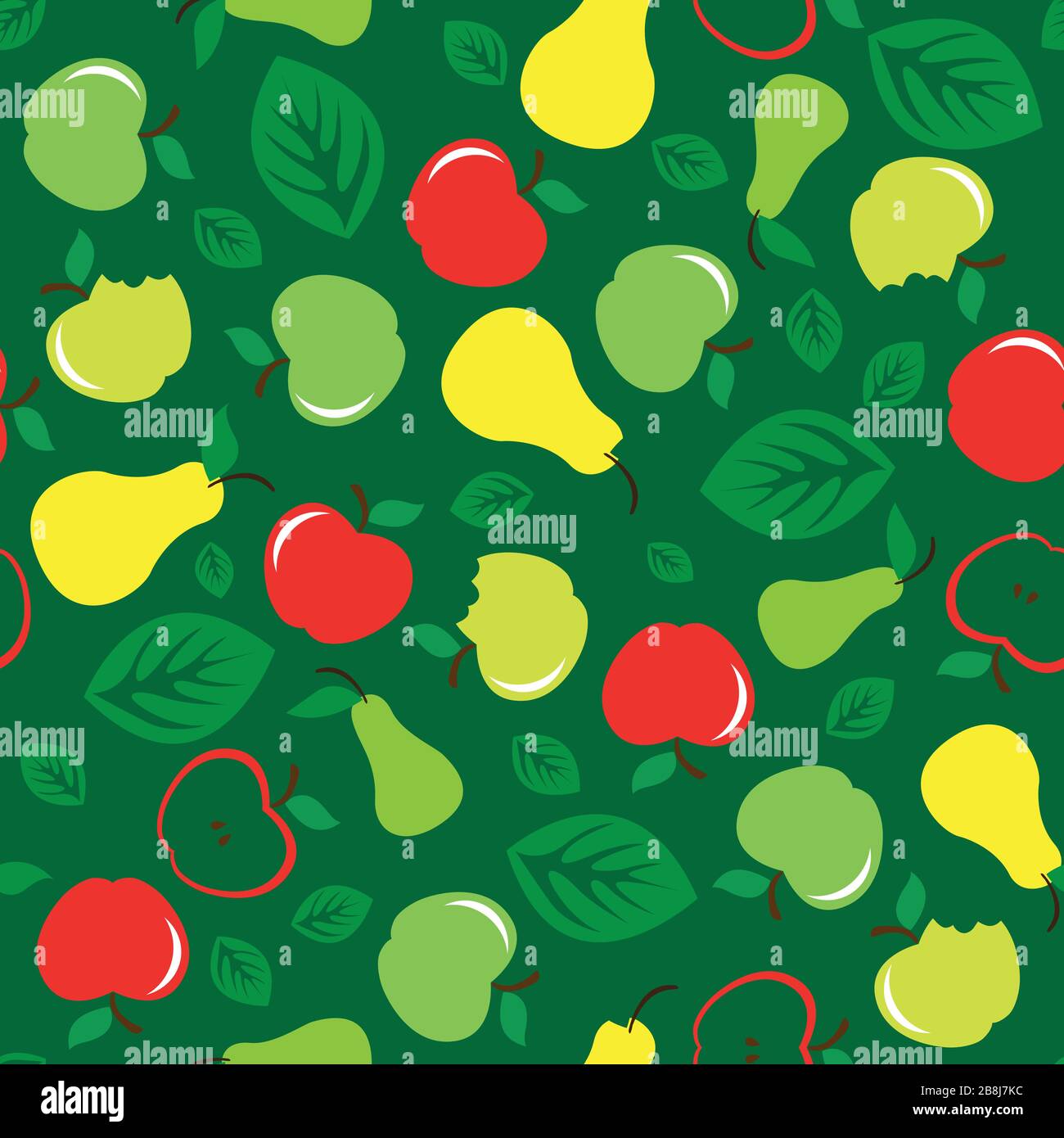 Apple and pear seamless pattern green background Stock Vector
