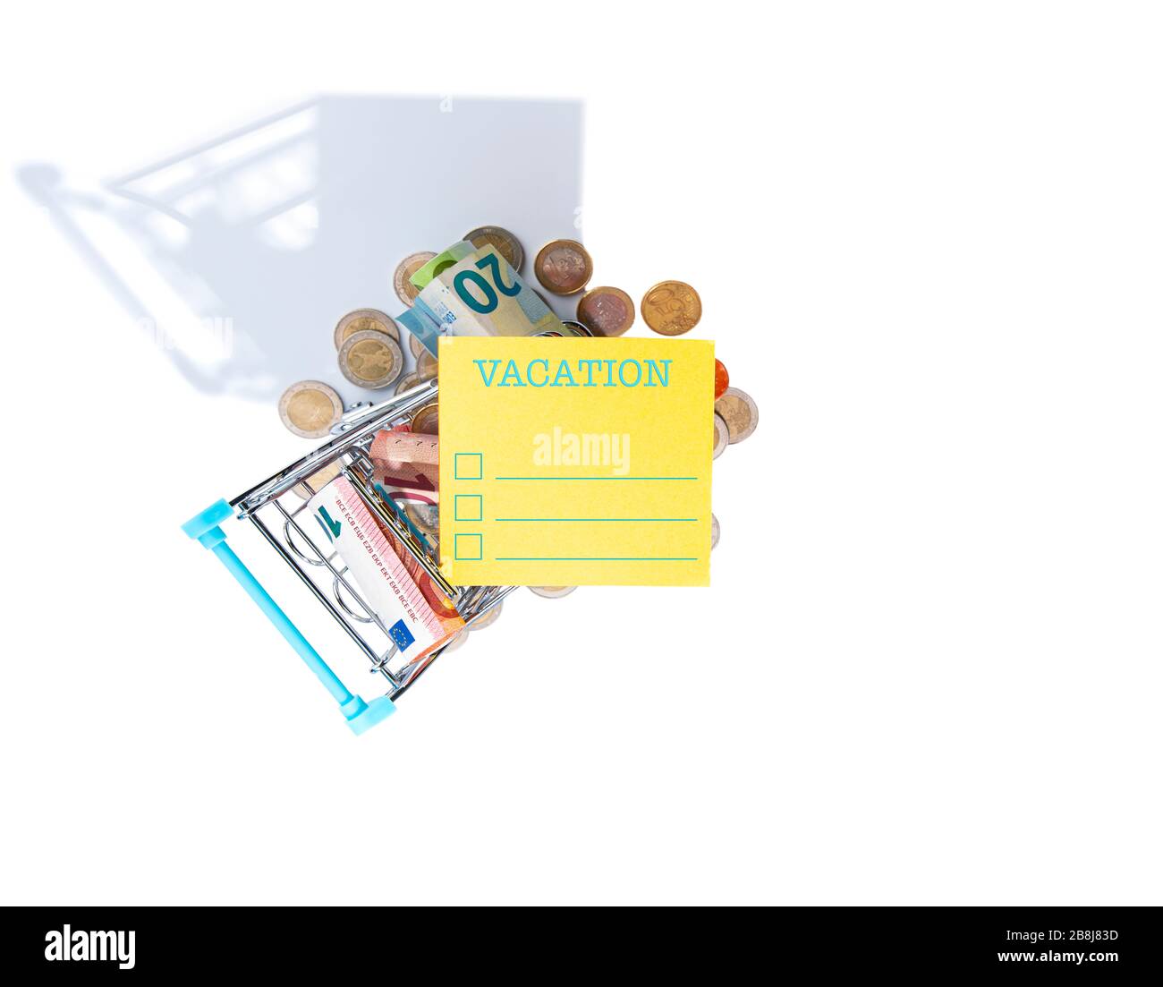 The shopping cart with money and Conceptual photo of correlation between theme of VACATION, mortgage, medical insurances, shopping, savings, budgeting Stock Photo